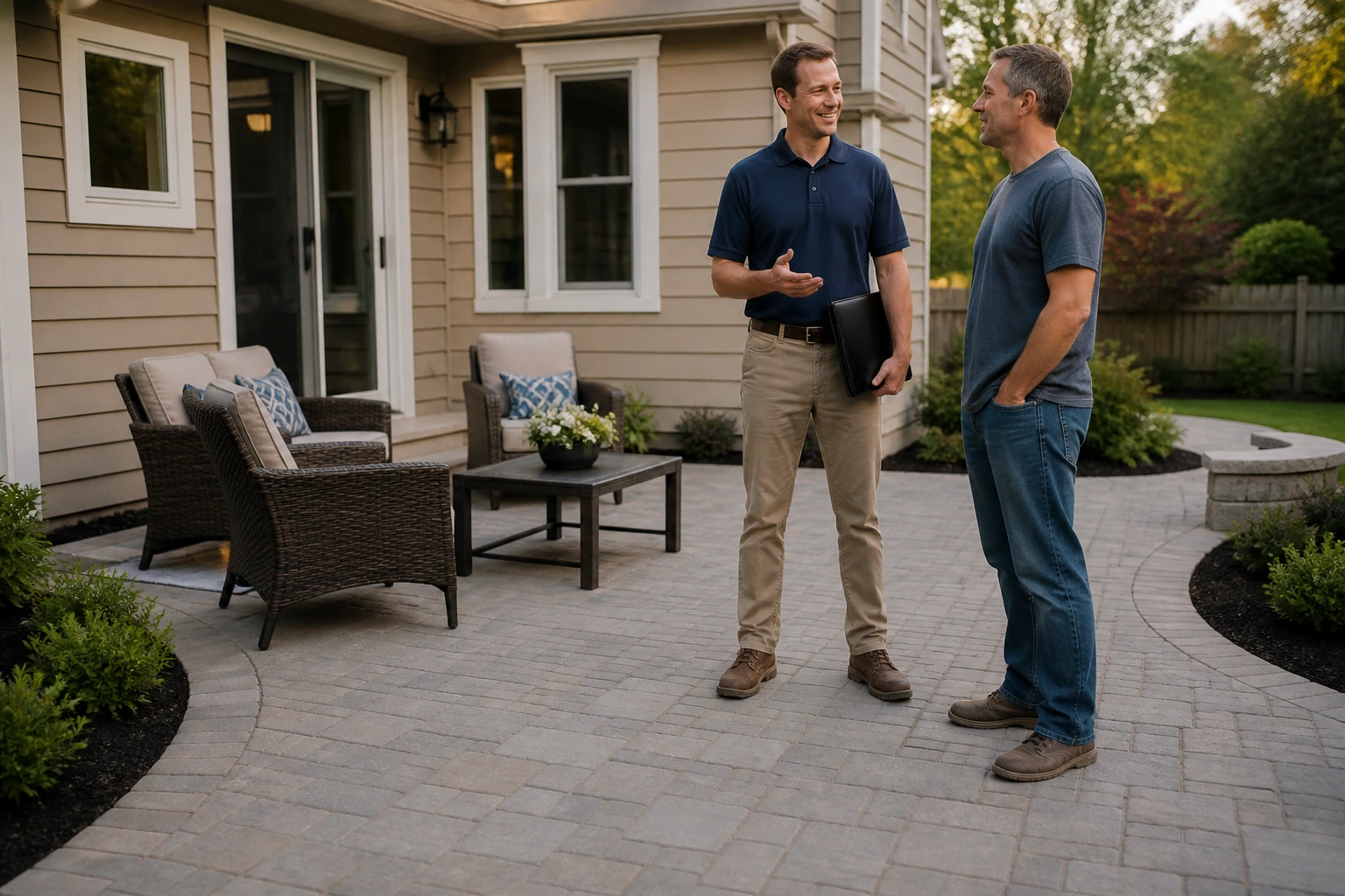 Outdoor-living contractor and homeowner reviewing a finished backyard patio with a seating area