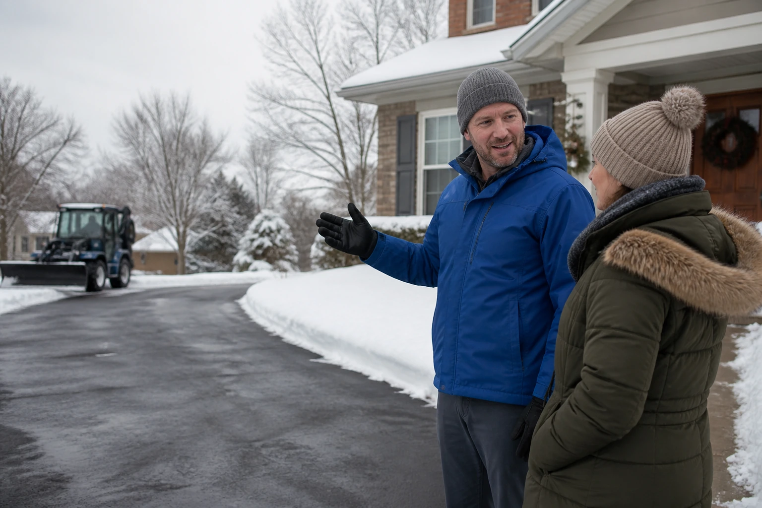 Snow-removal crew lead and homeowner beside a neatly cleared residential driveway and front walkway in winter daylight