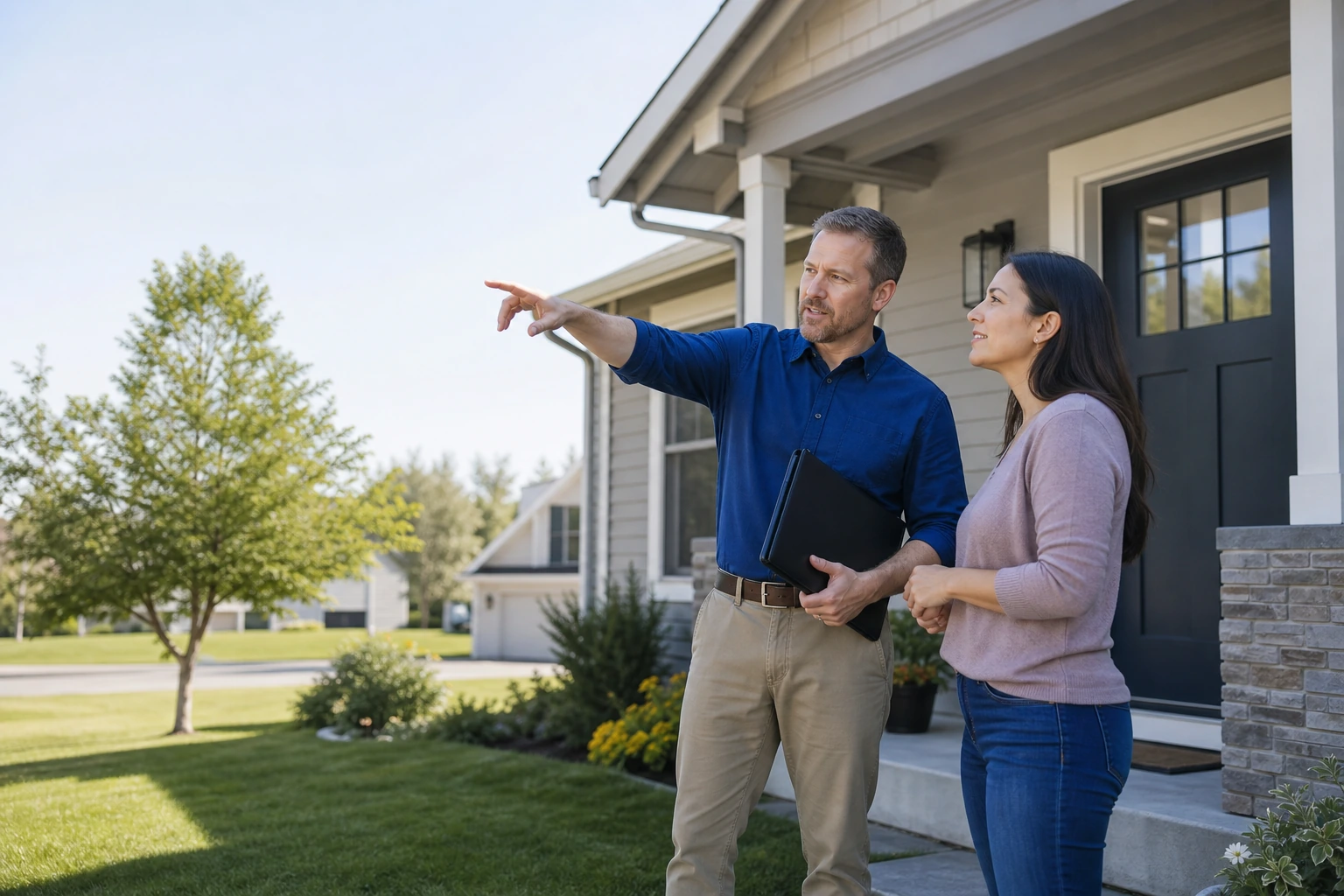 Home inspector explaining a report to a client at a residential property without exposing private report details