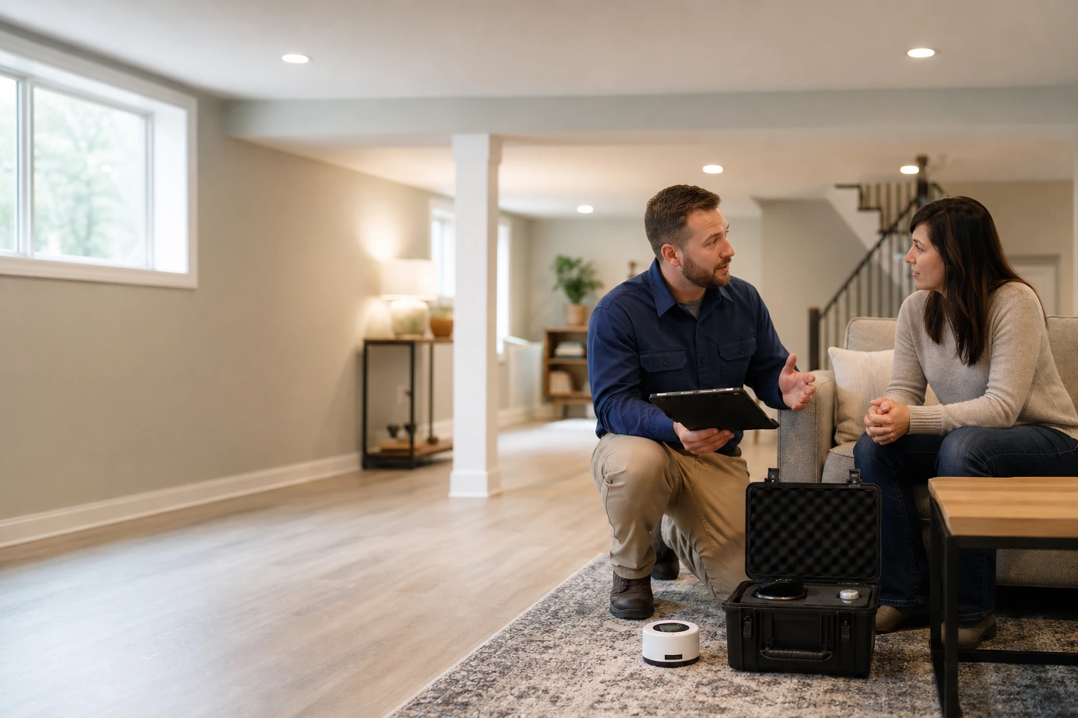 Environmental-testing specialist explaining the testing process to a homeowner beside a compact monitoring device with an unreadable display