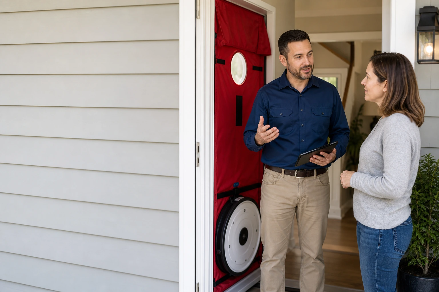 Home energy auditor and homeowner reviewing assessment information beside a professionally installed blower-door testing frame