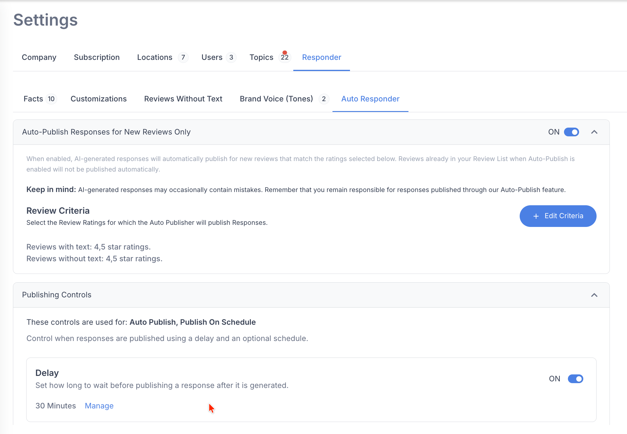 Automatic publishing settings with separate rating criteria for reviews with and without text and a 30-minute publishing delay.