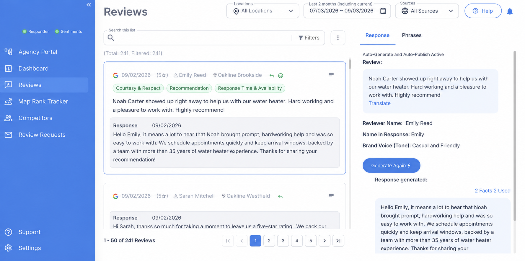 RightResponse review dashboard showing a customer review and a generated response that adds relevant business information.