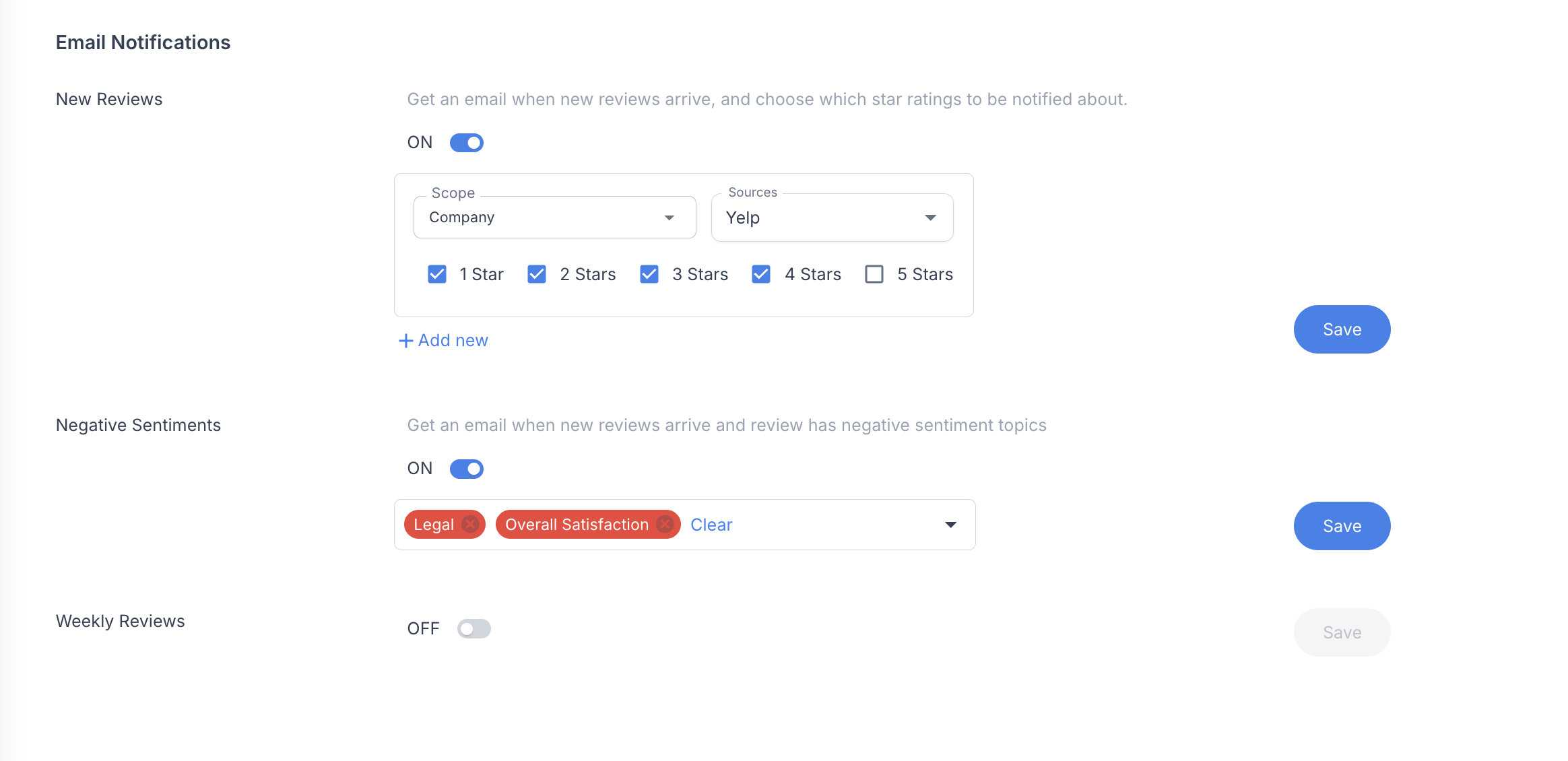 Email notification settings with Yelp source and star-rating filters, plus negative-sentiment alerts for selected topics.