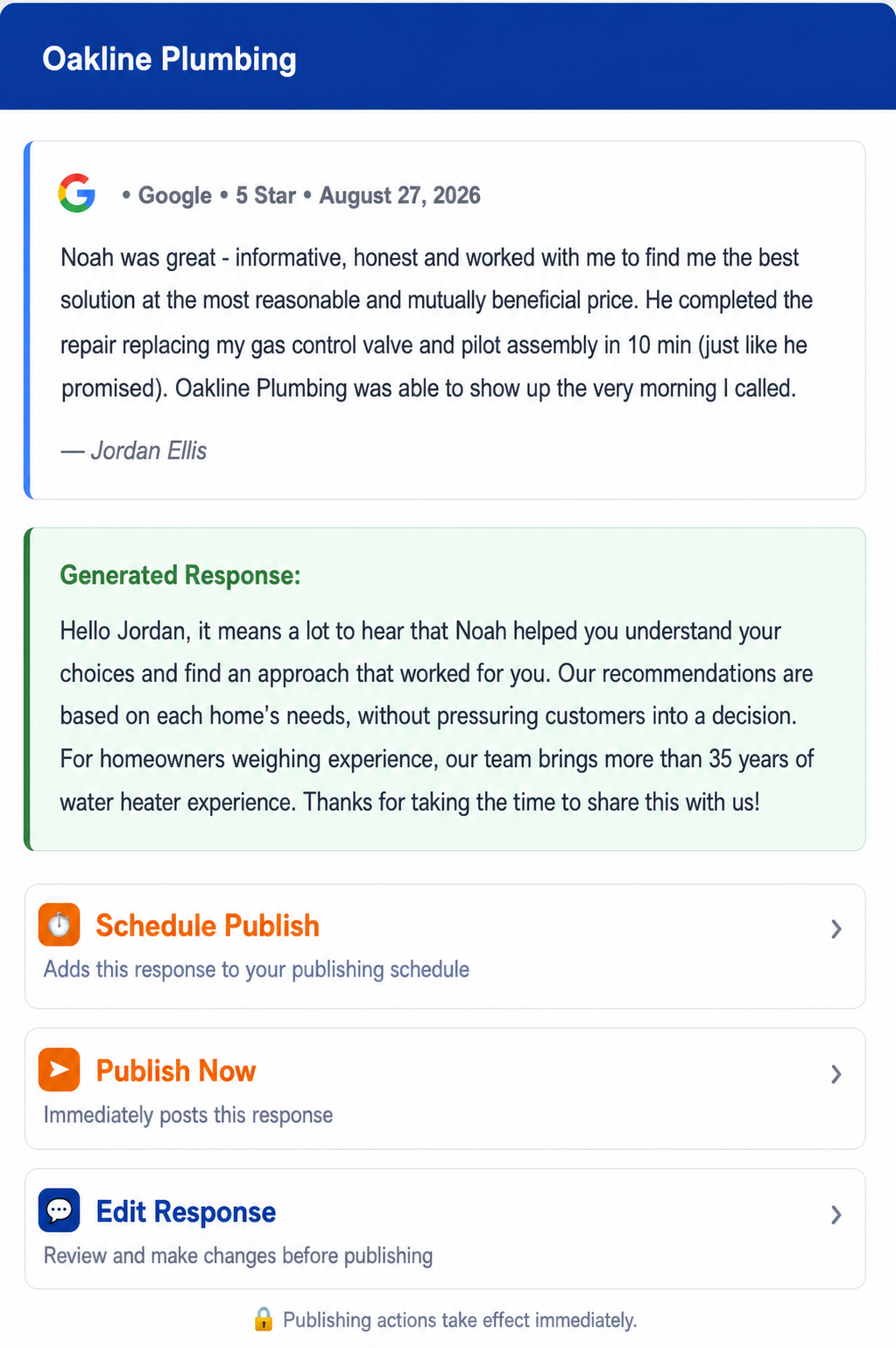 Plumbing review approval email showing a customer review, generated response, and Schedule Publish, Publish Now, and Edit Response actions.