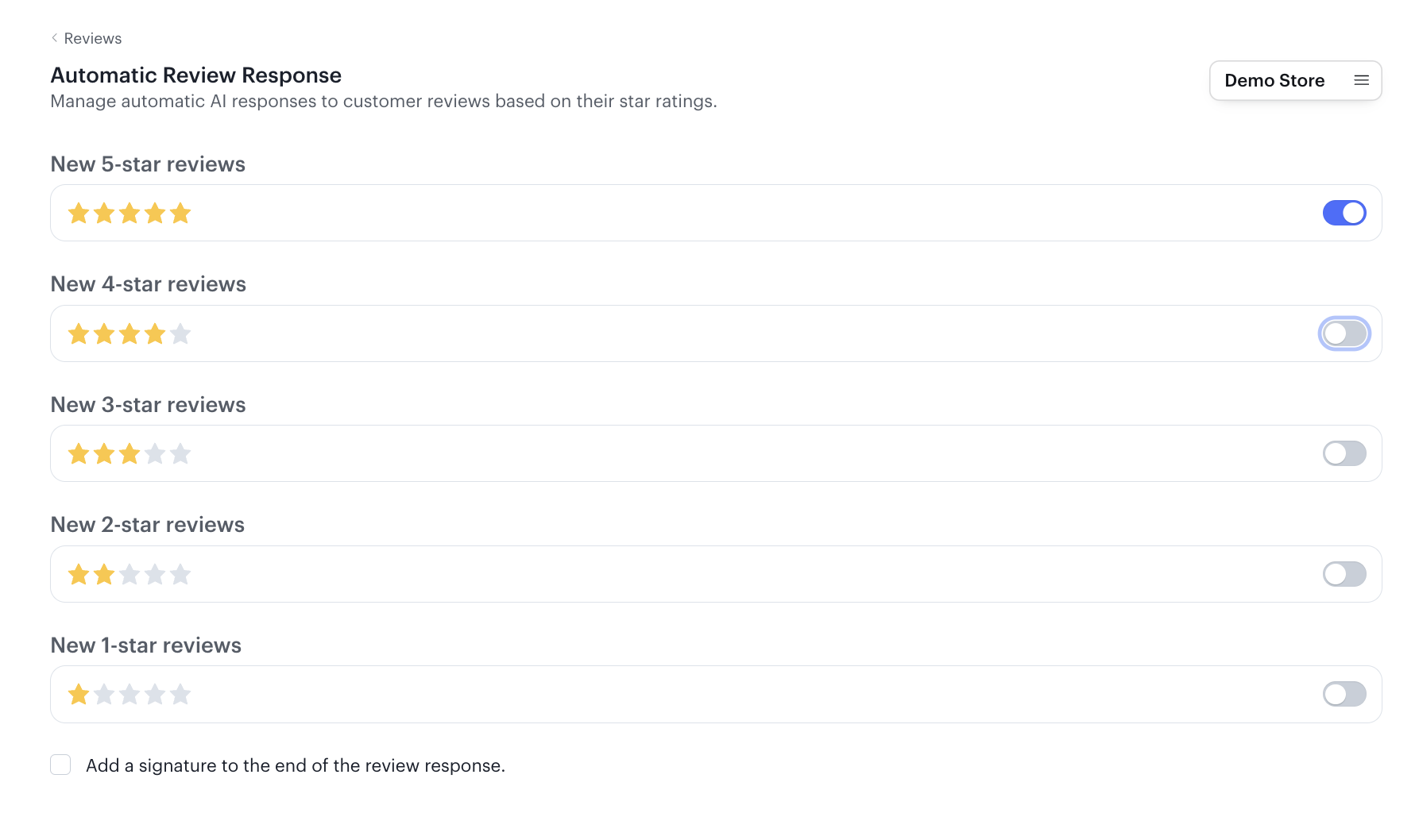 Podium's help-guide screenshot shows automated response settings by star rating and an optional signature.