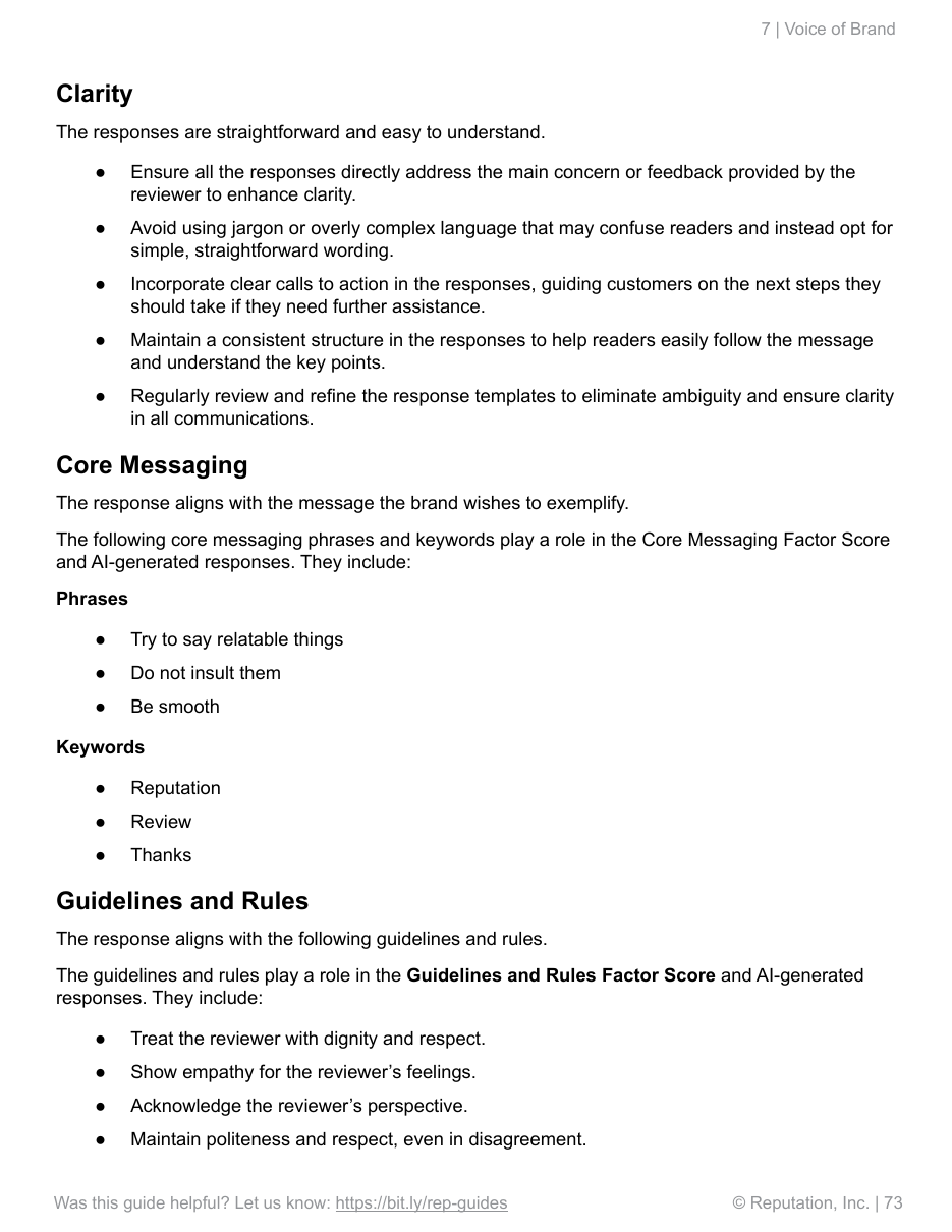 Reputation's manual lists Try to say relatable things, Do not insult them, and Be smooth as Core Messaging examples.