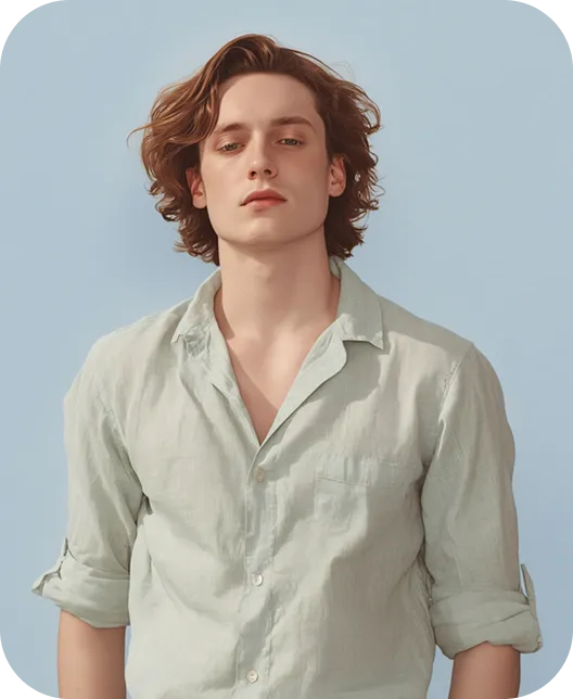 Young man with wavy brown hair wearing a light green button-up shirt with rolled-up sleeves against a clear blue sky.