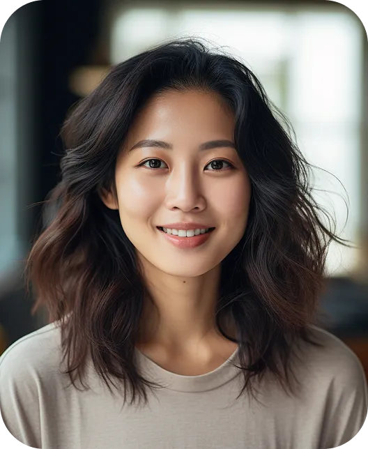 Portrait of a smiling young Asian woman with shoulder-length wavy hair wearing a light gray shirt.