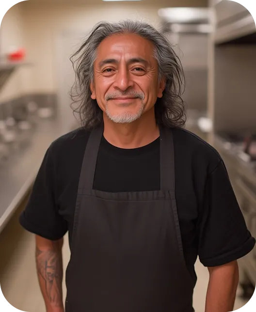 Smiling man with long gray hair and a beard wearing a black apron and t-shirt in a kitchen.