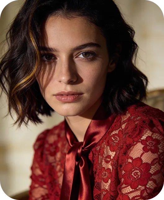 Young woman with short dark hair and golden highlights wearing a red lace blouse with a satin bow.