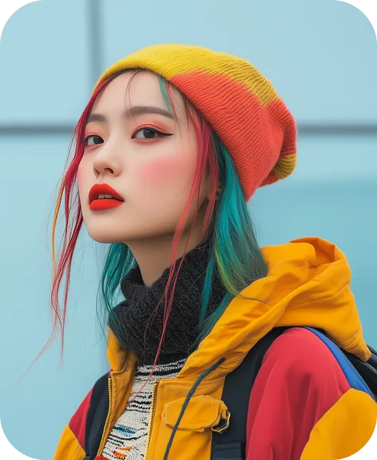 Young woman with multicolored hair wearing a yellow and orange knit hat and yellow jacket against a light blue background.