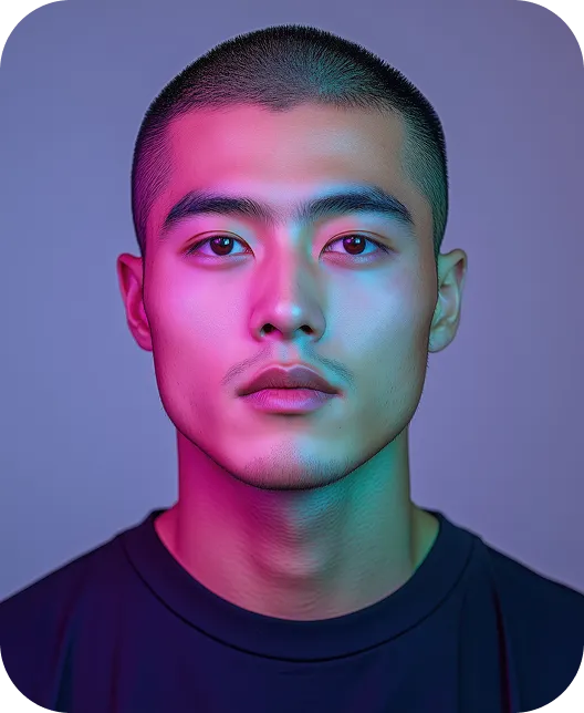 Portrait of a young man with short hair illuminated by pink and blue lighting against a purple background.