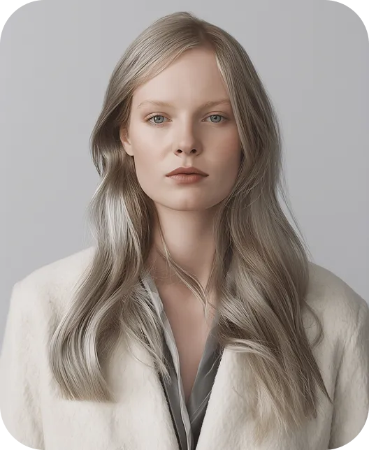 Portrait of a serious young woman with long blonde hair wearing a white coat and gray blouse against a light gray background.