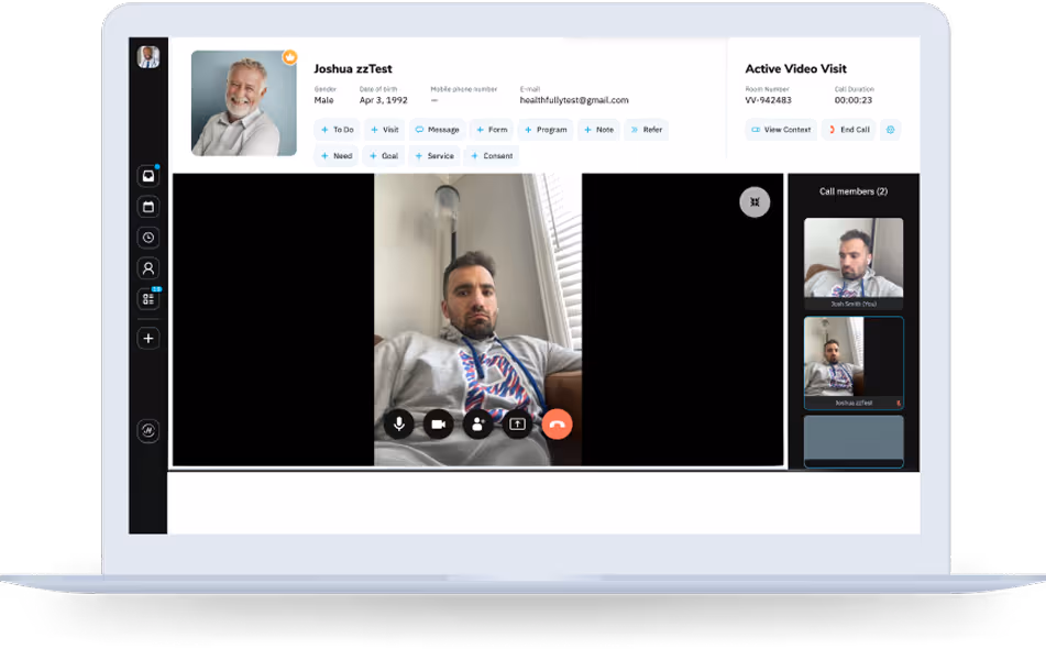 Laptop screen showing a video call interface with two participants and patient details of Joshua zzTest during an active video visit.