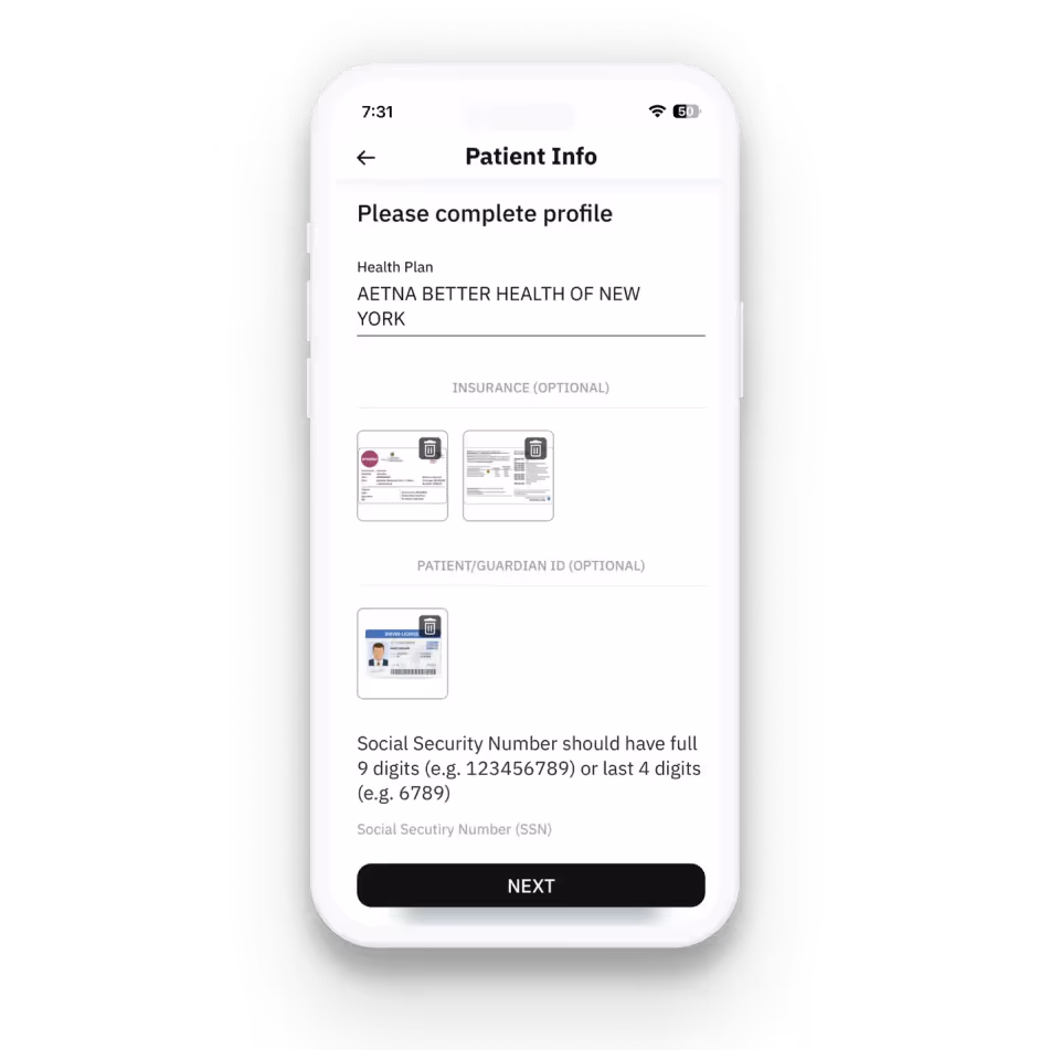 Mobile screen displaying a patient info form requesting completion of profile with fields for health plan, optional insurance images, optional patient/guardian ID image, and social security number entry.