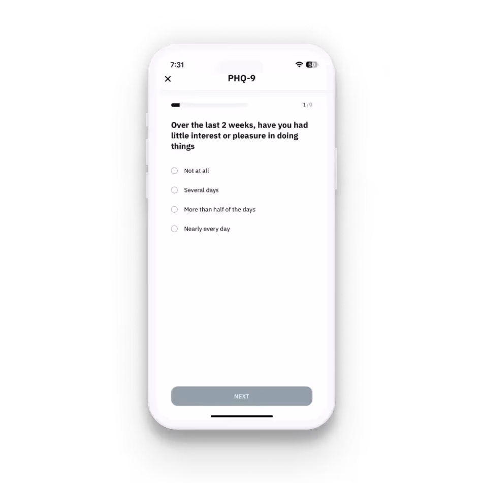 Smartphone screen showing PHQ-9 questionnaire asking about little interest or pleasure in doing things with four radio button options and a next button.