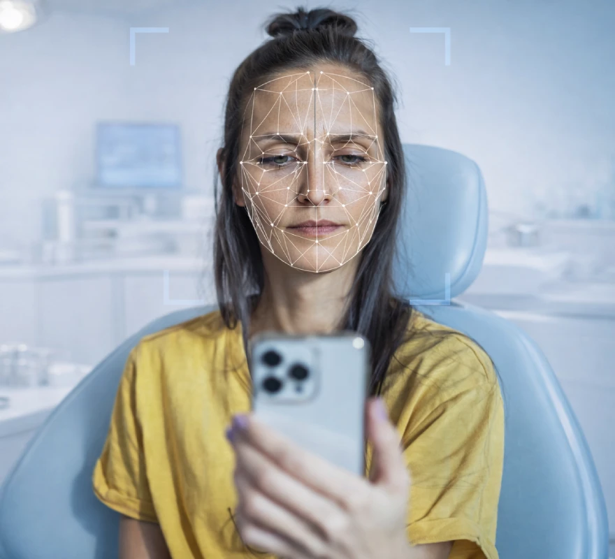 Woman scanning face for routine check in app