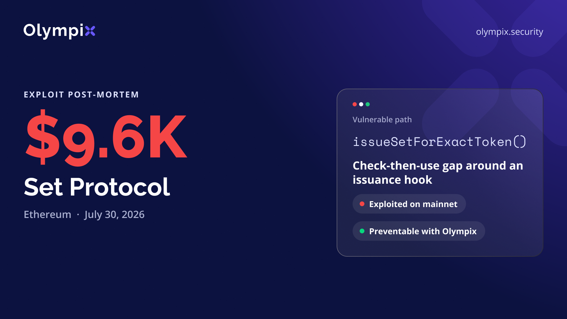 Cover image for "Set Protocol's $9.6K Loss and How Olympix Would Have Prevented It"