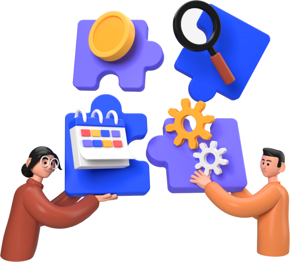 Two cartoon people holding puzzle pieces with a calendar, coins, magnifying glass, and gears.