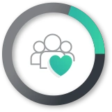 Circular progress bar with three outlined people icons and a teal heart symbol in the center.