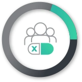 Circular progress graphic with three user icons inside and a pill symbol marked with an X.