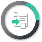 Circular progress icon showing a document with an arrow pointing right indicating data transfer or export, partially surrounded by a segmented outer ring.