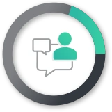 Icon of a teal person with two speech bubbles inside a circular progress bar with teal and gray segments.