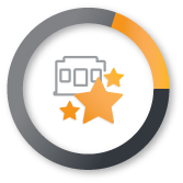 Circular icon with an orange star and two smaller stars beside a gray outlined card.