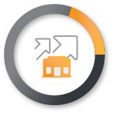 Circular icon with arrows pointing out from an orange building in the center.