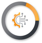 Circular chart with orange and gray segments surrounding an orange gear and circuitry icon.