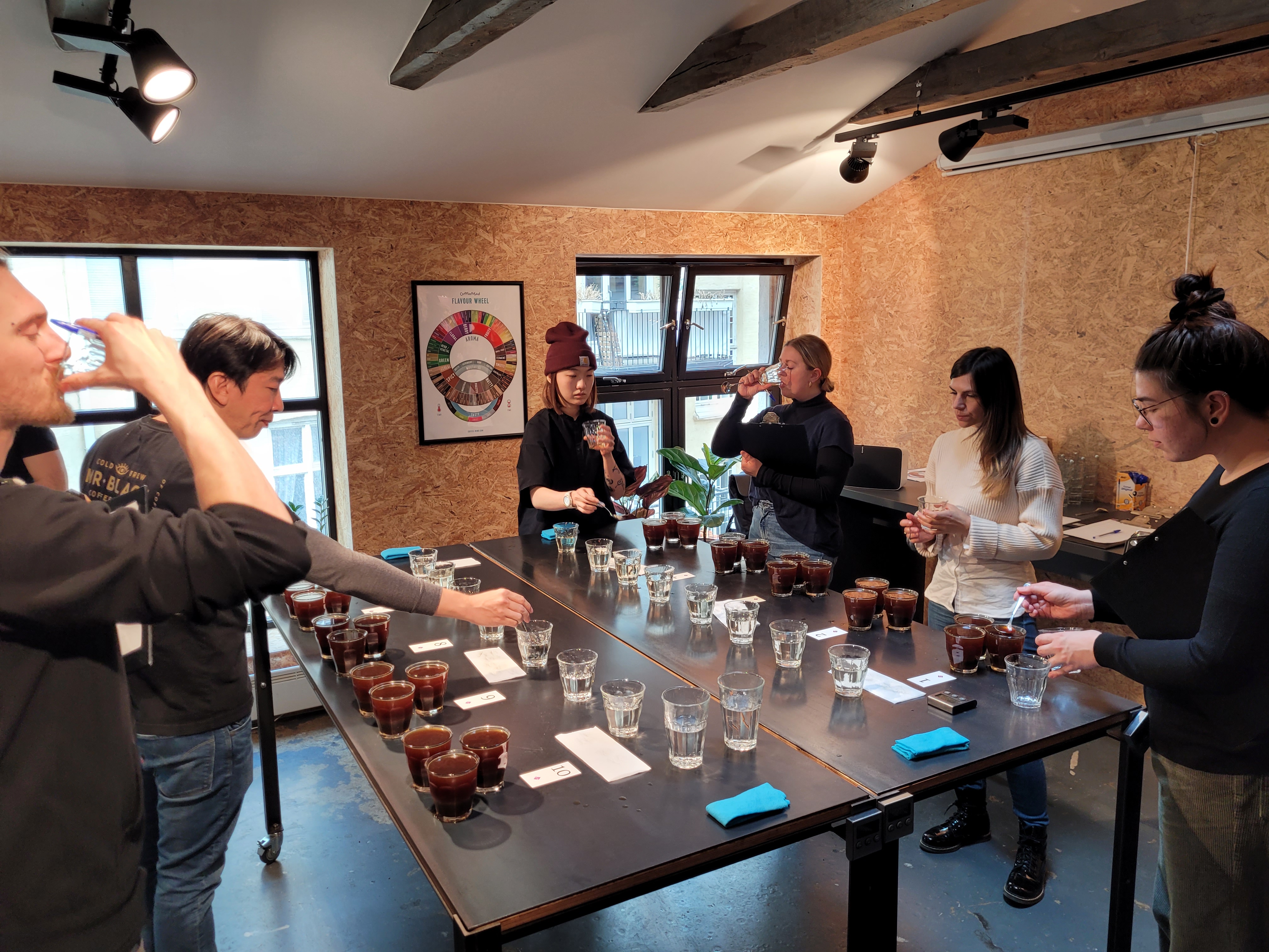 Cupping coffee arrival samples with customers at our yearly Autumn Cupping event