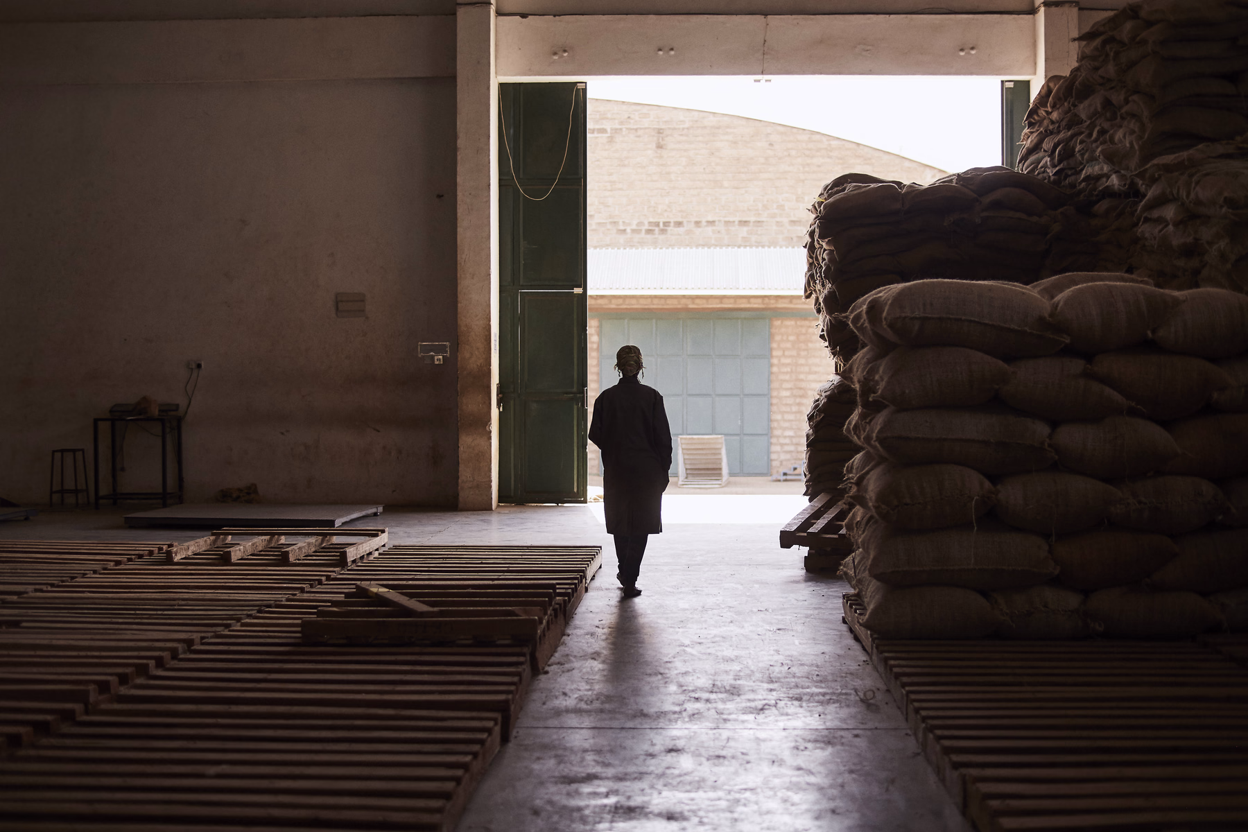 Green coffee stored in a Kenyan warehouse before shipment.
