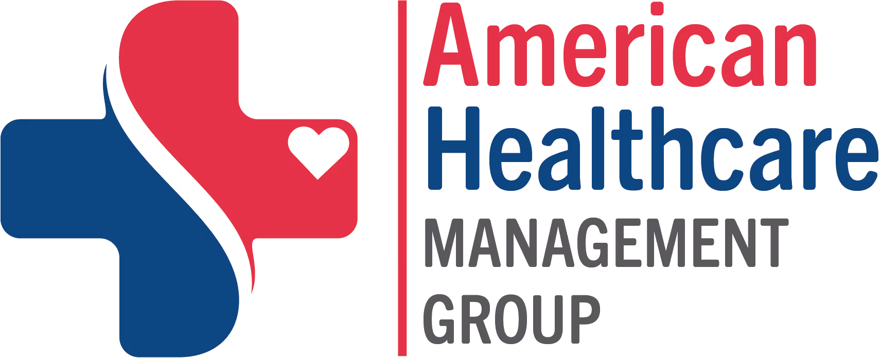 Logo with a blue and red medical cross featuring a white heart and text: American Healthcare Management Group.