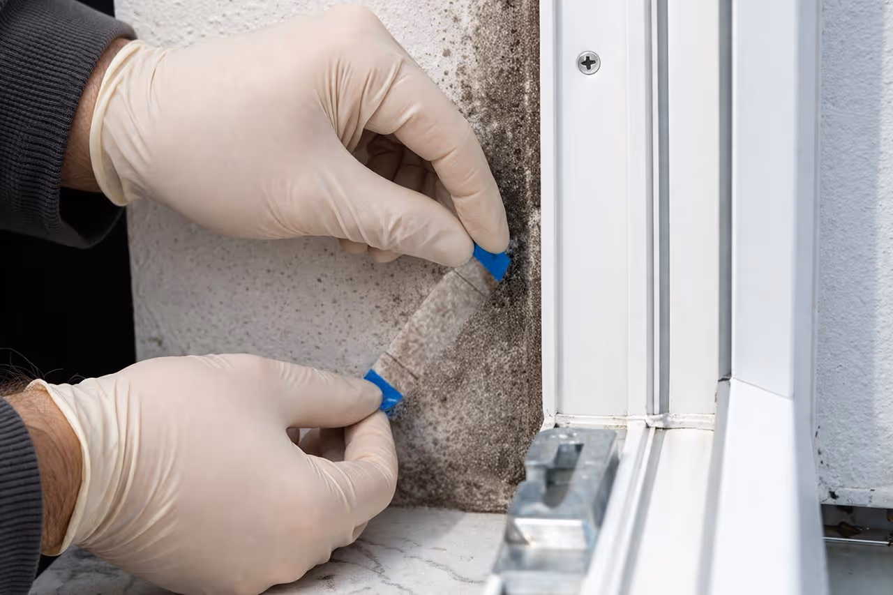 Bausachverständiger aus Esslingen bei der Probennahme eines Schimmelpilzbefalls