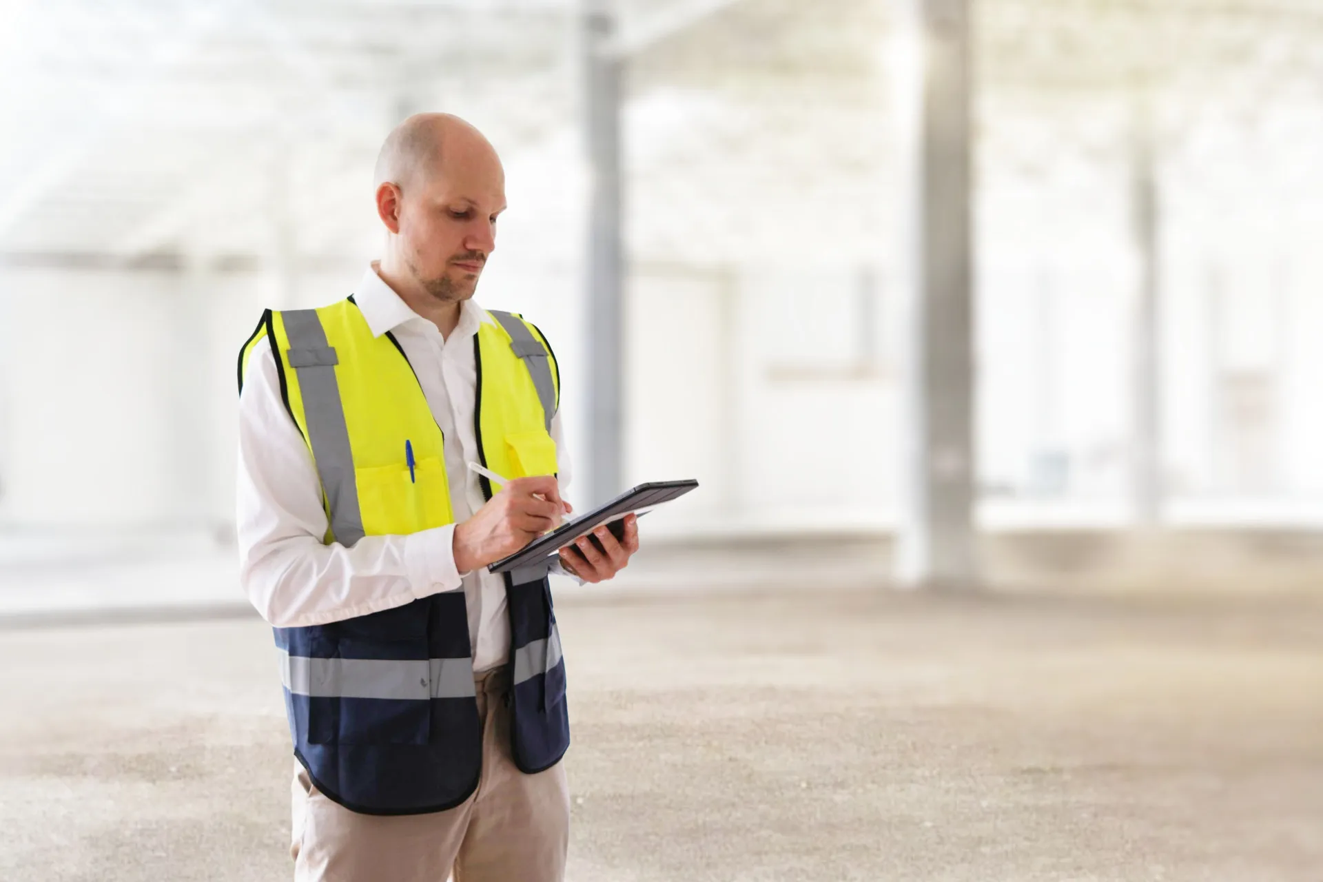 Bausachverständiger untersucht eine Industriehalle für eine Sanierungsberatung in Stuttgart