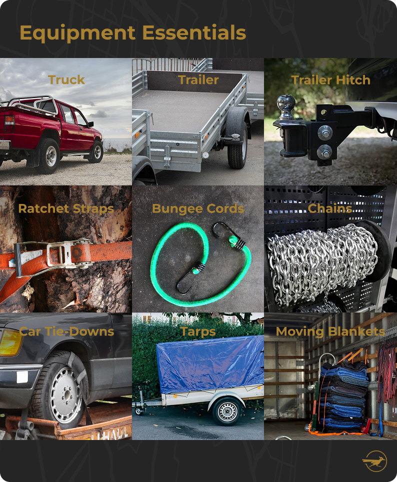 A collection of pictures of hotshot trucking equipment, including truck, trailer, trailer hitch, ratchet straps, bungee cords, chains, car tie-downs, tarps, and moving blankets