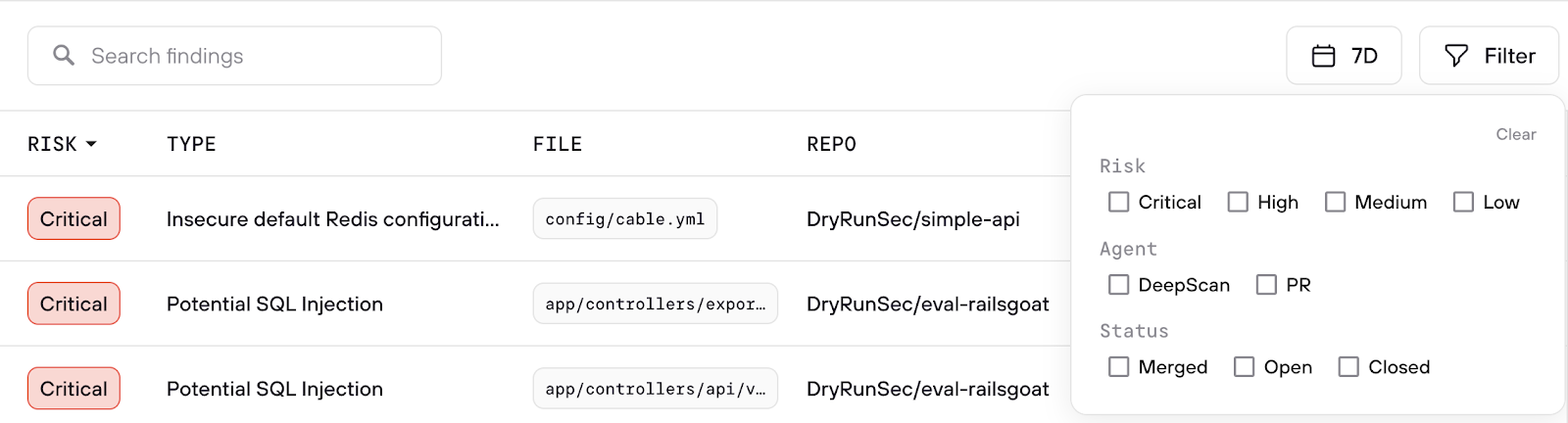 Filters to quickly find the most relevant risk