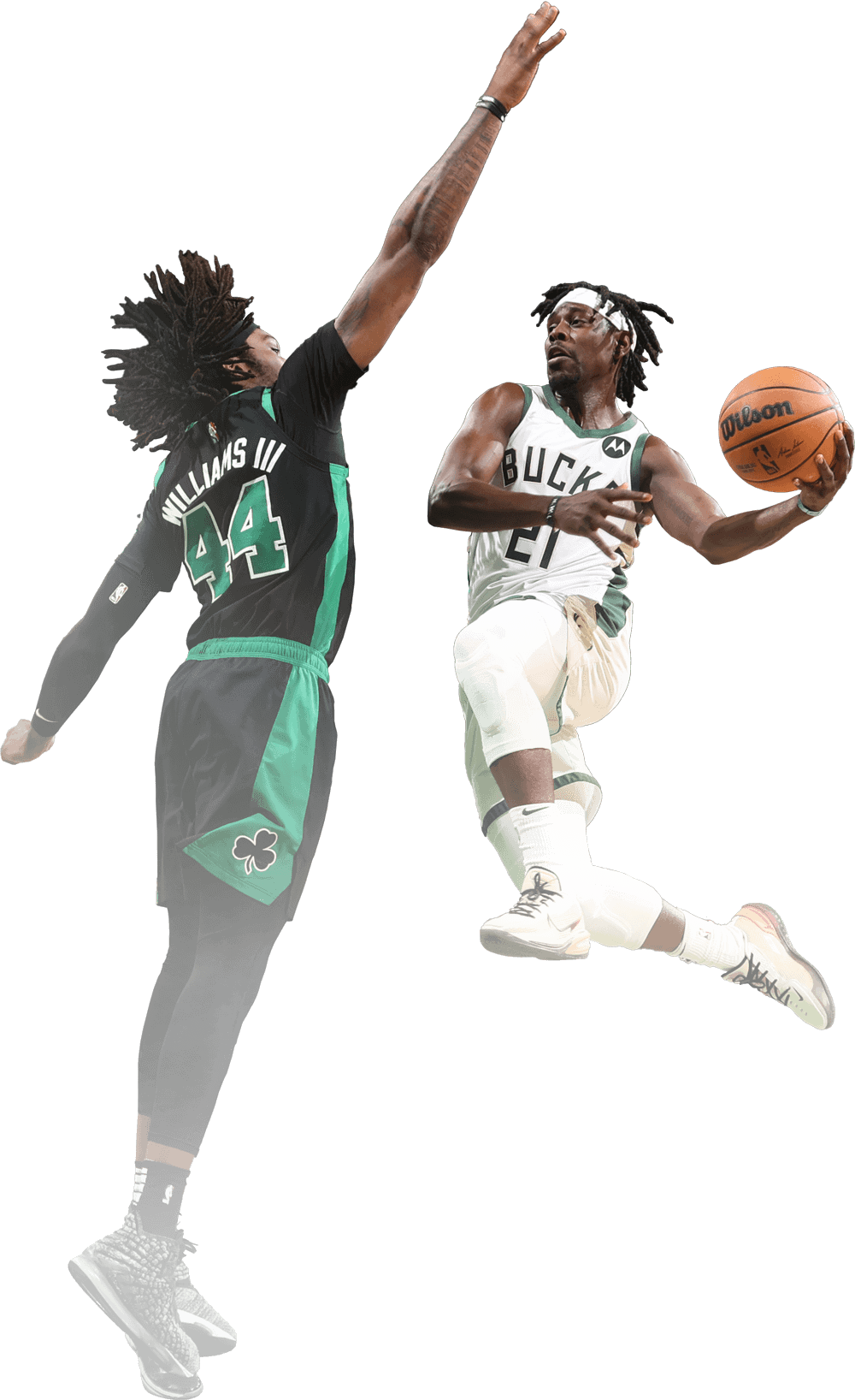 two young men playing basketball in a nba game