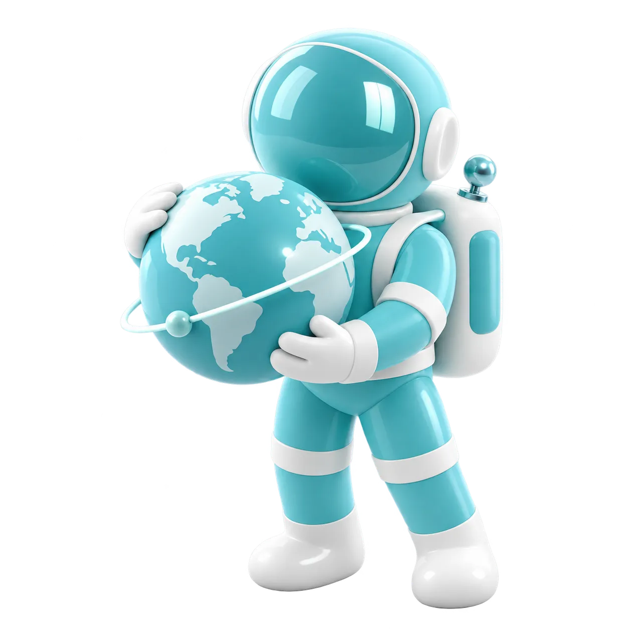 Teal and white astronaut holding a globe.