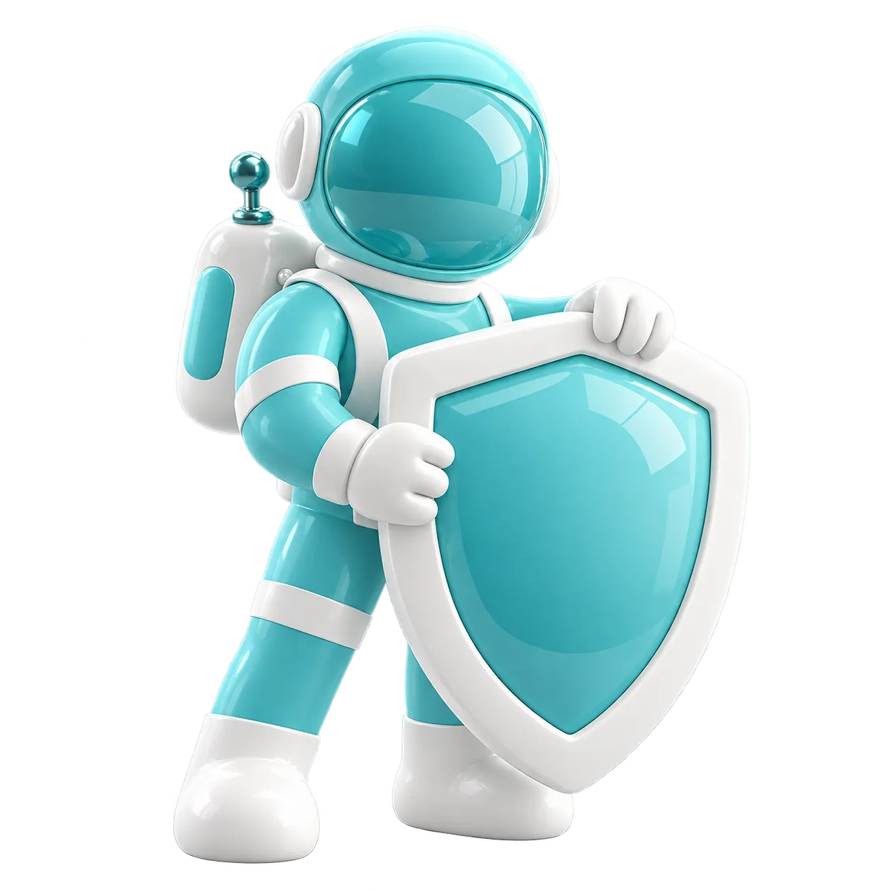 Teal and white astronaut holding a shield.