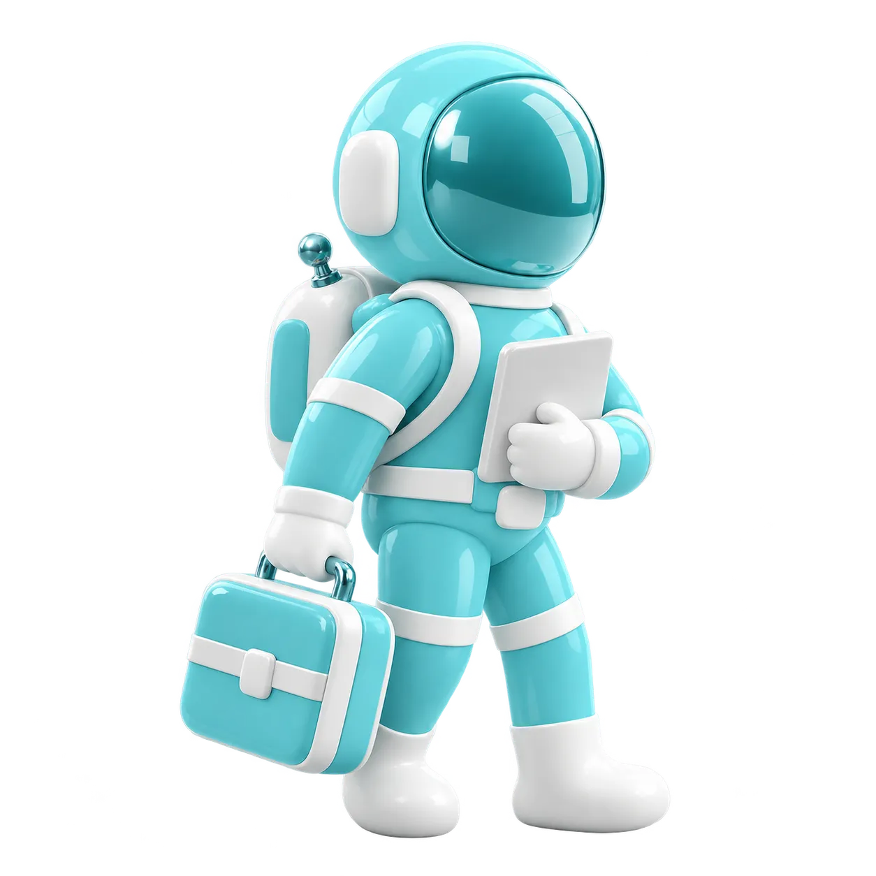 Teal and white astronaut carrying a briefcase and tablet.