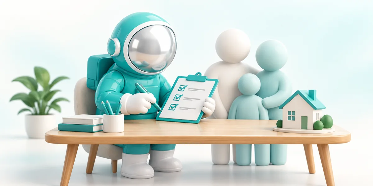 Teal astronaut organizing a checklist beside a model house and family figures.