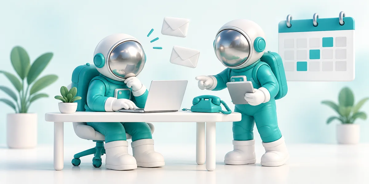 Two teal astronauts coordinating calls, messages and appointments at a desk.