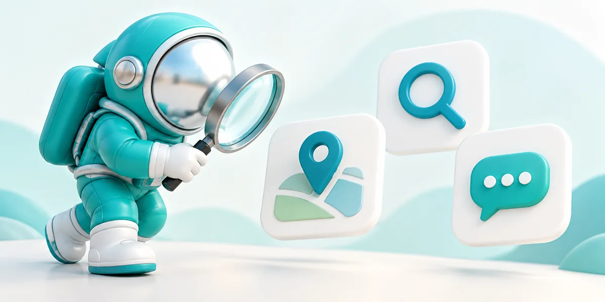 Teal astronaut exploring map, search and conversation icons with a magnifying glass.