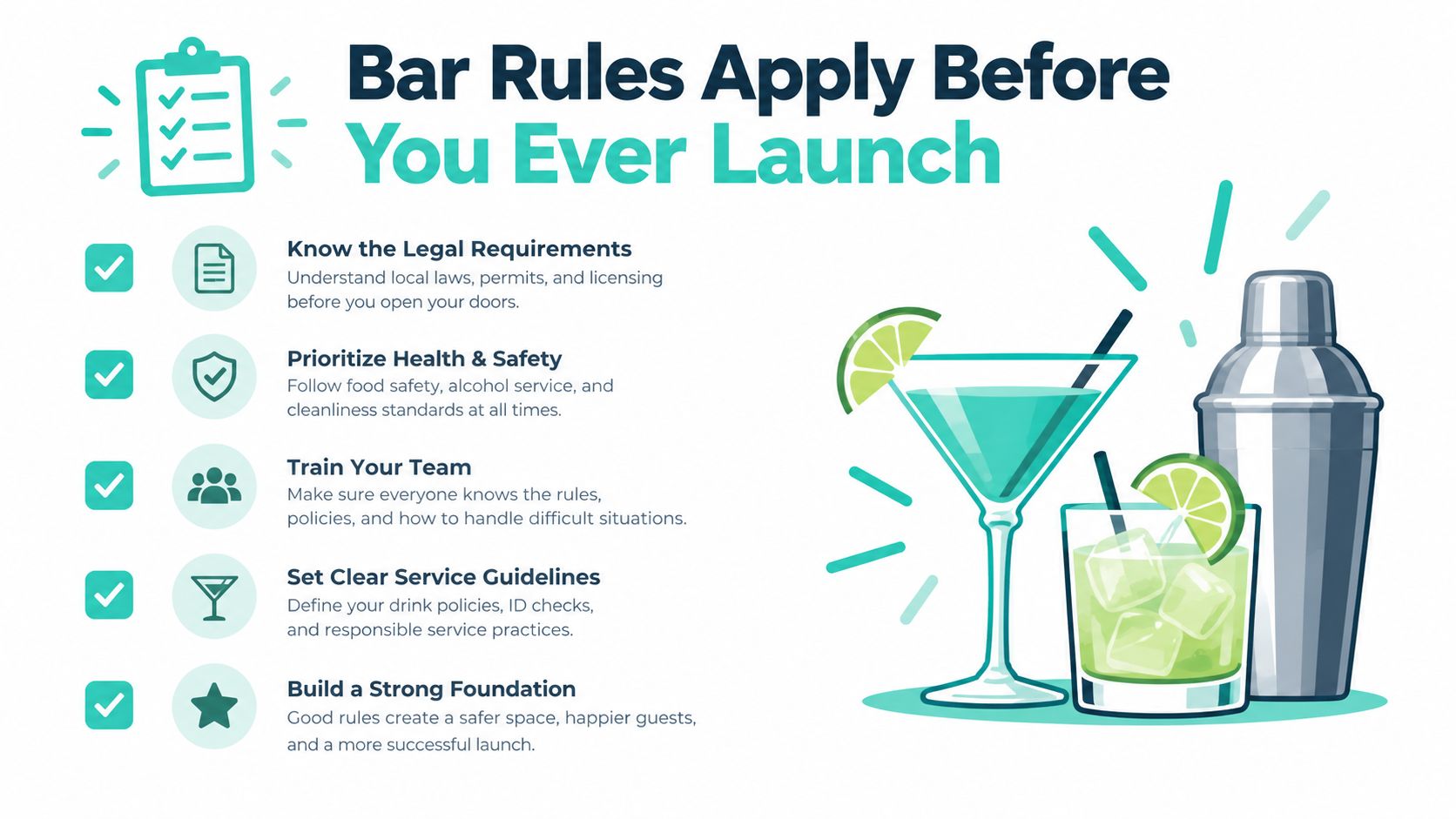 An infographic titled Bar Rules Apply Before You Ever Launch, featuring five essential tips for starting a bar.