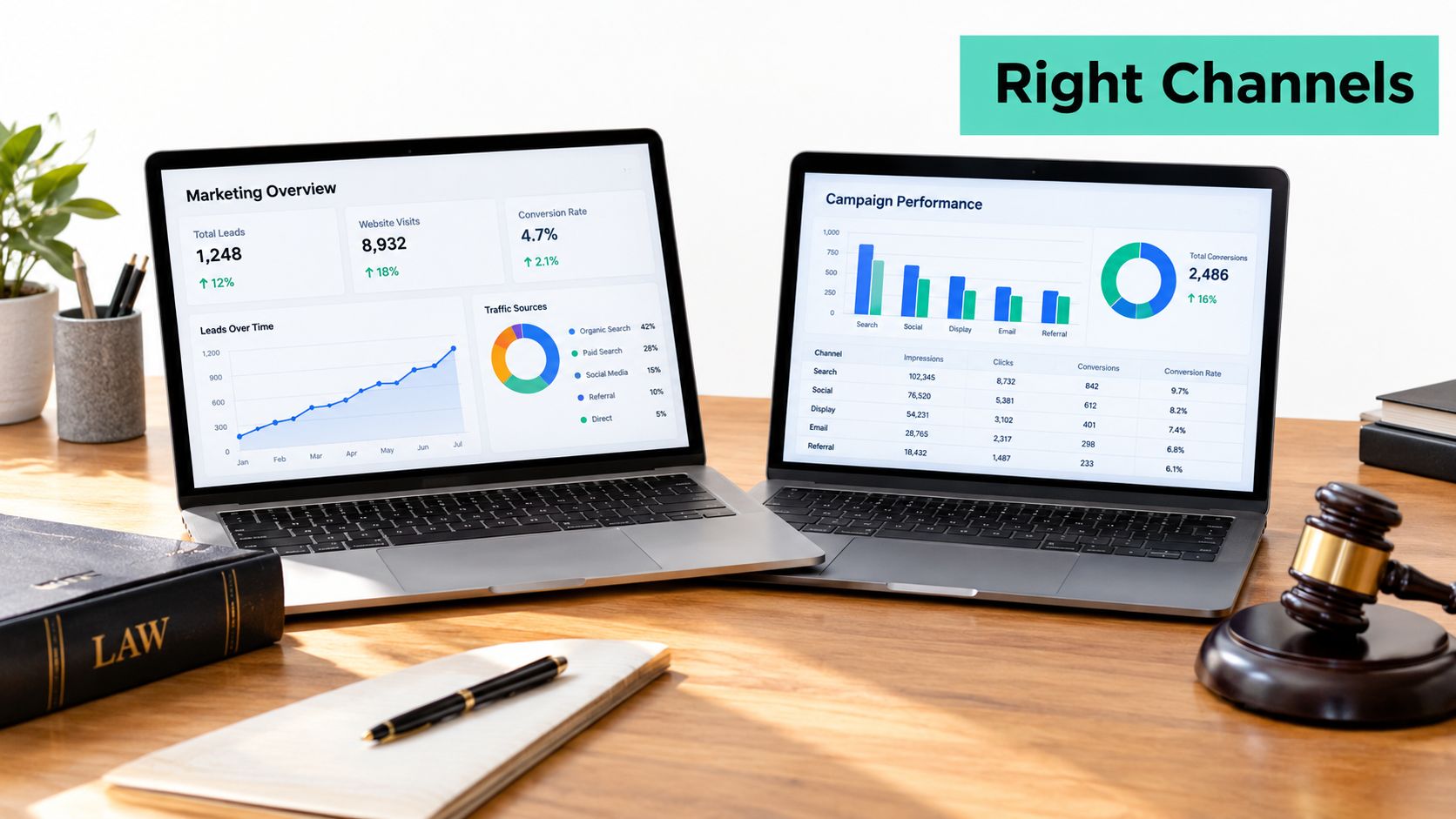 Two laptops displaying law firm marketing analytics dashboards on a wooden desk with a law book and gavel.