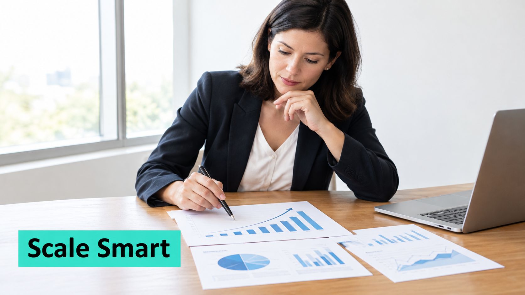 A businesswoman sitting at a desk with financial charts and a laptop planning her firm's growth.