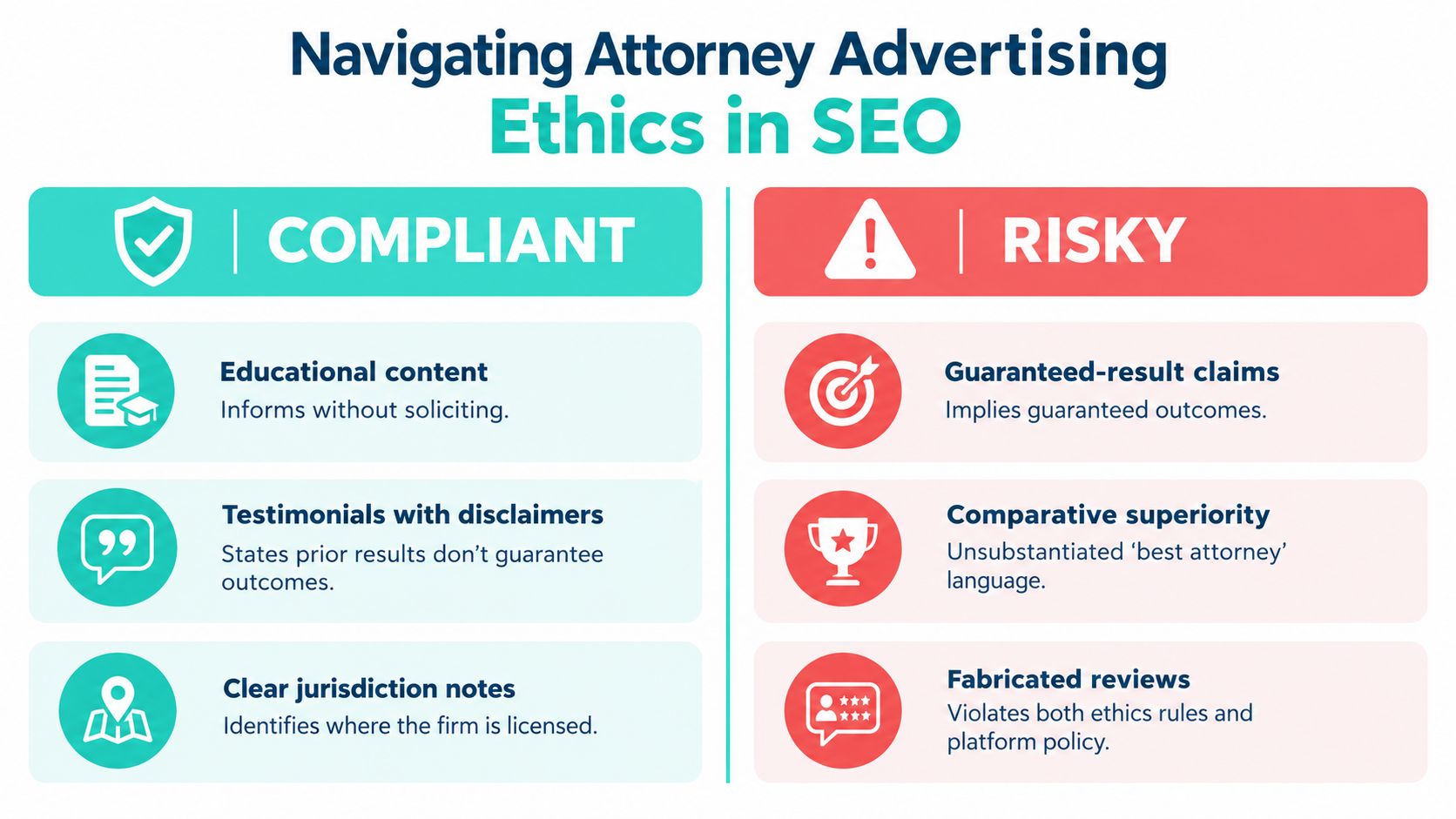 A comparative infographic highlighting compliant versus risky ethical practices for attorney advertising in search engine optimization.