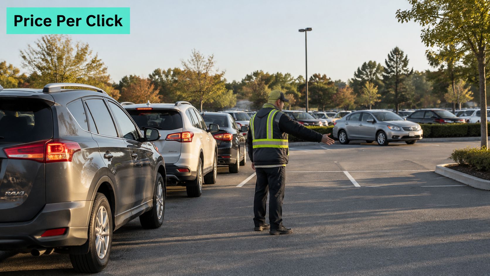 A parking attendant in a reflective vest directs traffic in a busy parking lot during daytime.
